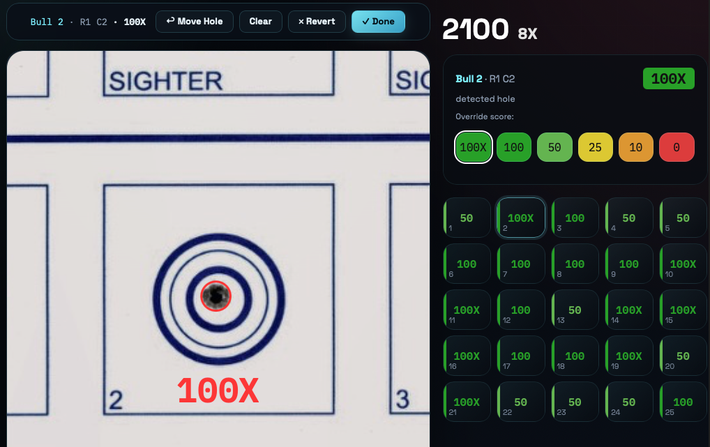 Close-up TargetIQ score review with a detected hole and correction controls